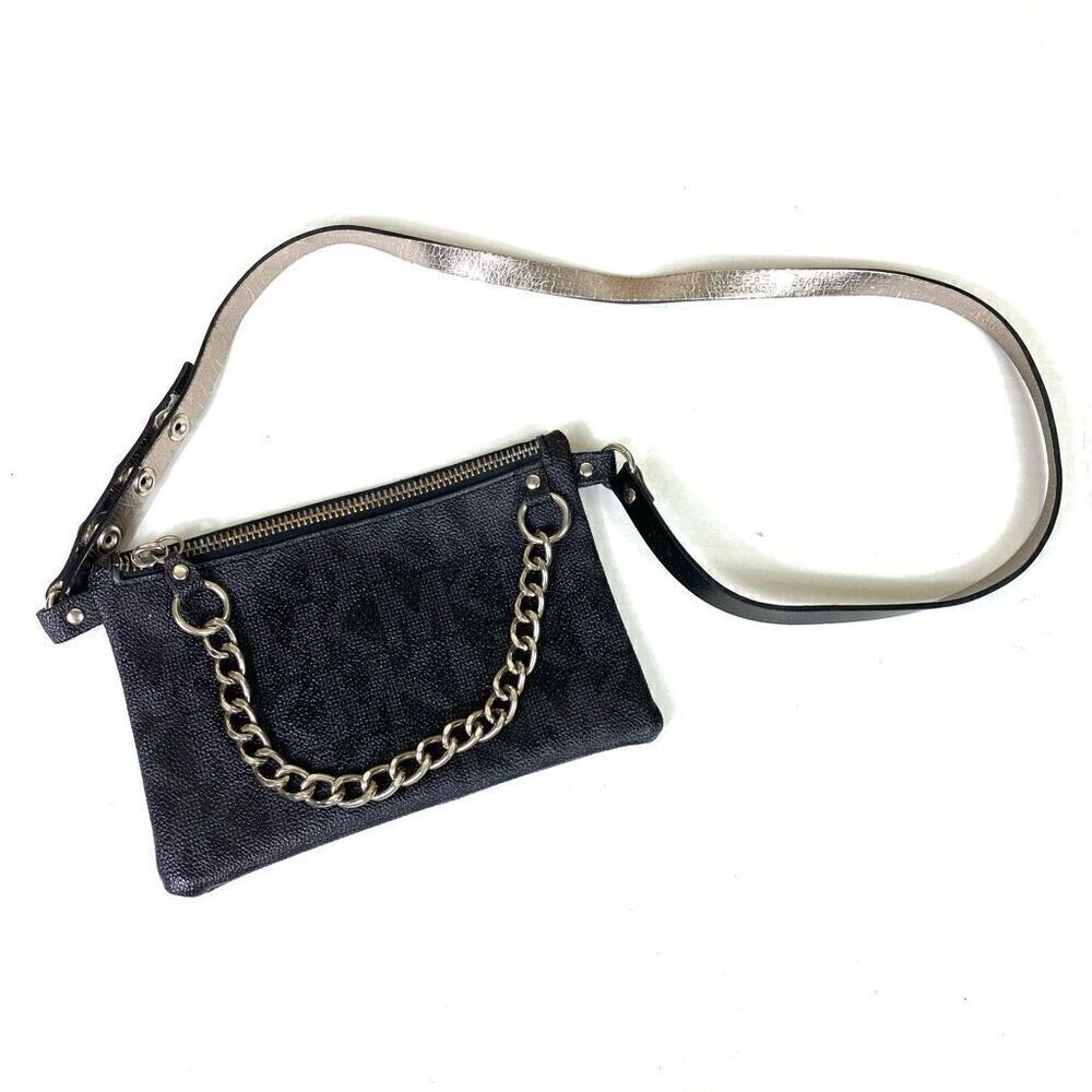 MK Michael Kors Black & Grey Monogram Pull Chain Belt Bag Mini Bag Purse